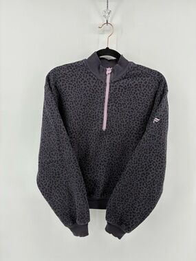 Fabletics Black Leopard-Print Half-Zip Sweater with Pink Zip